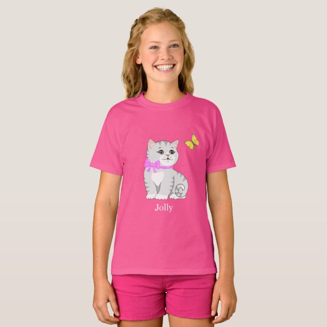 T-shirt chat tabby mignon et petit oiseau (Devant entier)