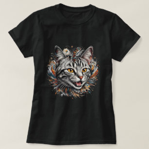 T-shirt Chat Tabby Orné Art en Tourbillon de Plumes