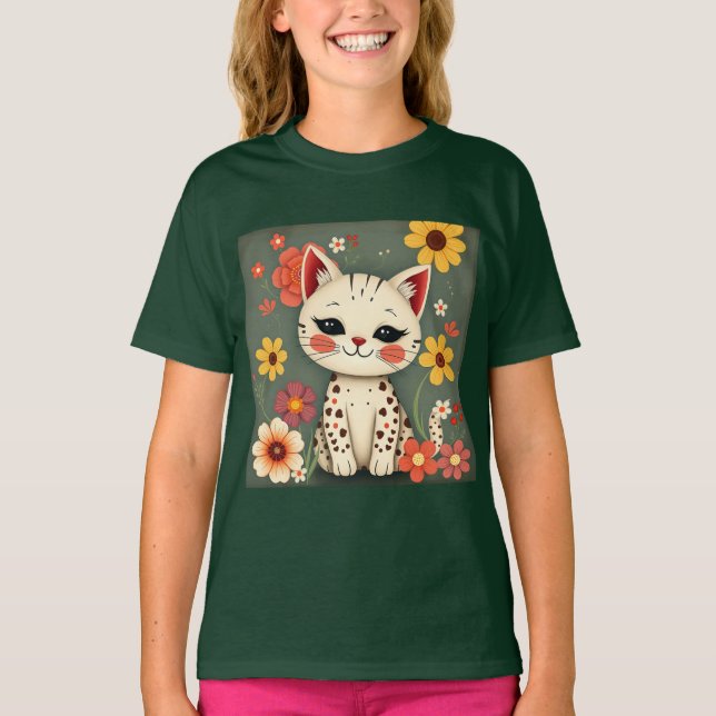 T-shirt Chat tacheté heureux avec des fleurs (Devant)