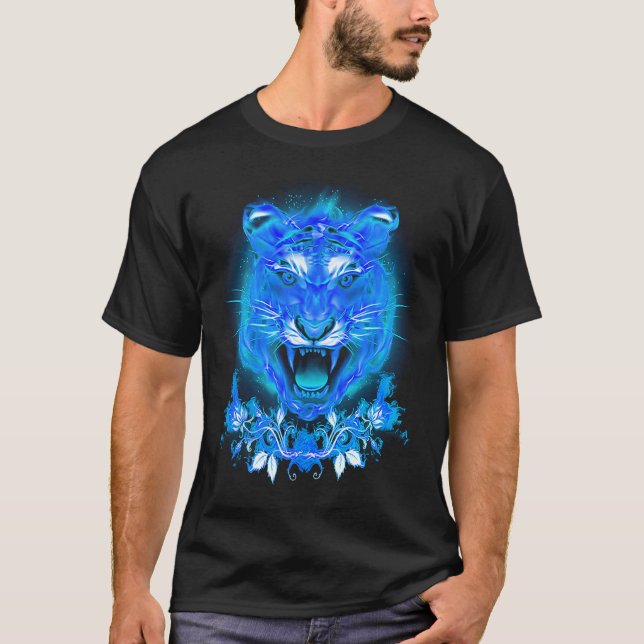 T-shirt Chat Tigre Flamboyant Feu Bleu (Devant)