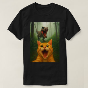 T-shirt Chat tigré orange selfie avec dinosaure – Drôle de