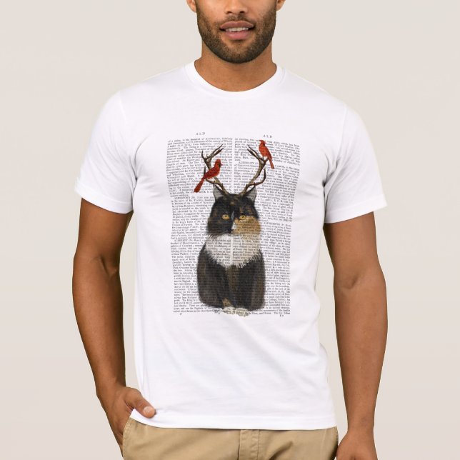 T-shirt Chat Tortoiseshell avec Antlers et Red Birds (Devant)