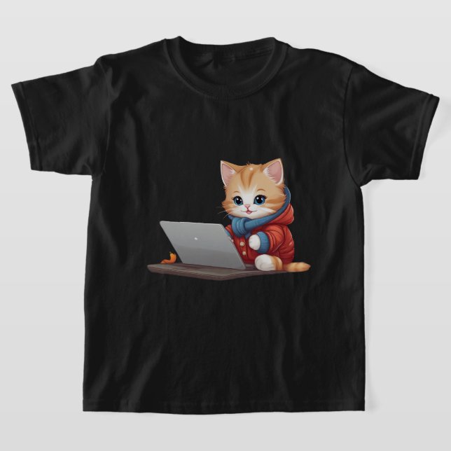 T-shirt Chat Travailler sur l'ordinateur portable, chat po (Poser)