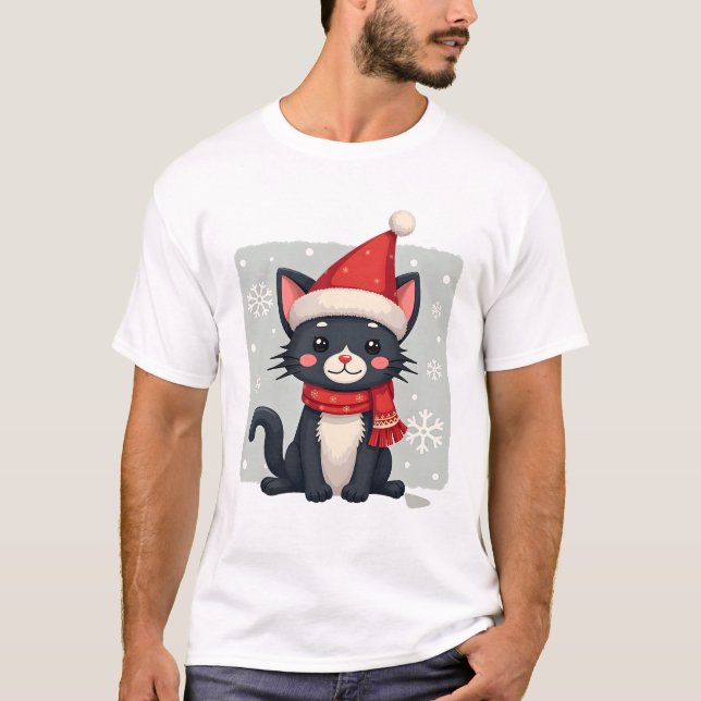 T-shirt Chat Tuxedo de Noël Écharpe Santa Ugly Xmas Femmes (Devant)