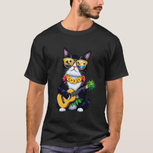 T-shirt Chat Tuxedo Hawaïen & Ukulélé Ananas Vacances d'Ét