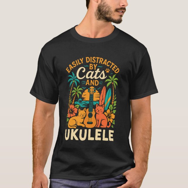 T-shirt Chat Ukulele Hawaïen Uke Facilement Distrait par l (Devant)