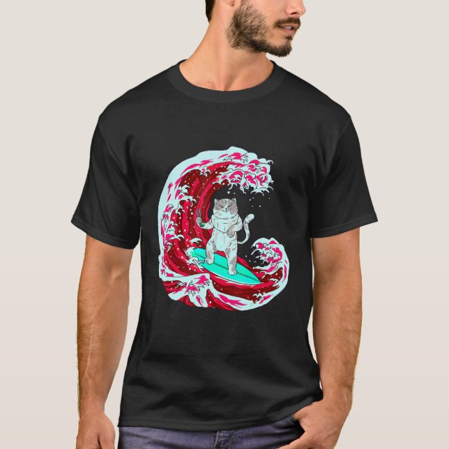 T-shirt Chat Vague Surf Et Manger Sushi (Devant)