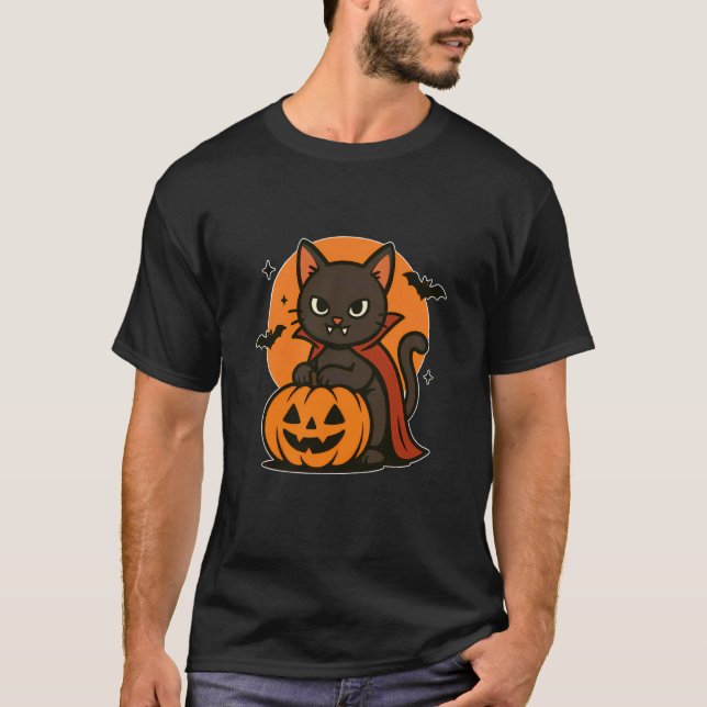 T-shirt Chat Vampire avec Lune de Citrouille (Devant)