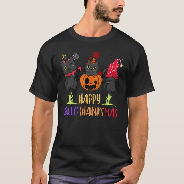 T-shirt Chat Vampire de la fête d'Hallothanksmas avec chap (Devant)