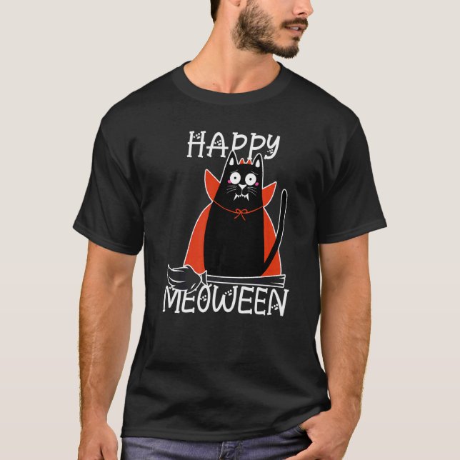T-shirt Chat Vampire Noir Sur Un Balai Halloween Pour Chat (Devant)