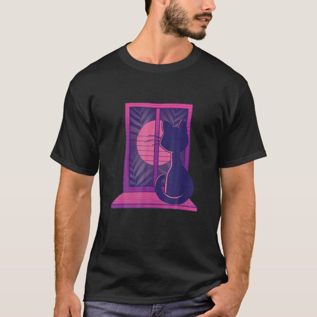 T-shirt Chat Vaporwave Lune Chatons Fenêtre Graphique (Devant)