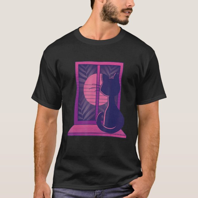 T-shirt Chat Vaporwave Lune Chatons Fenêtre Graphique (Devant)