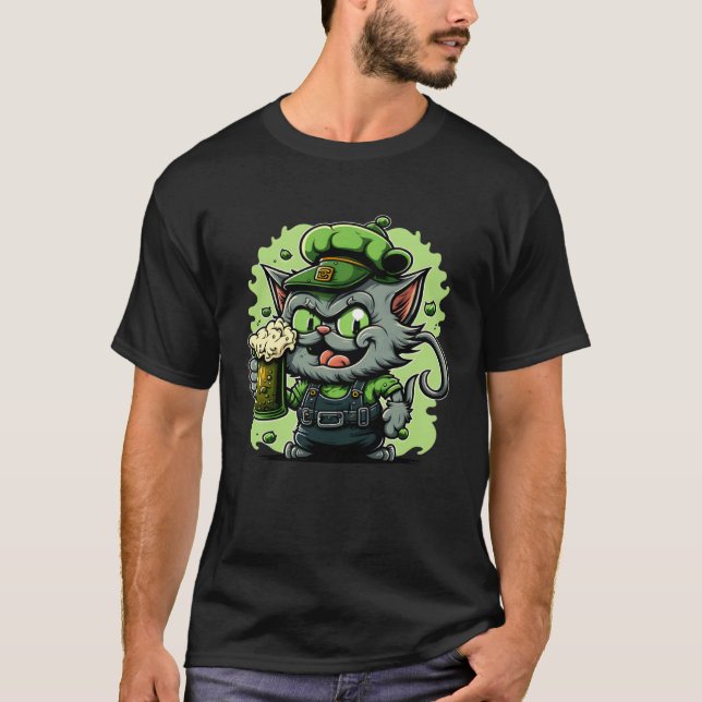 T-shirt Chat vert buvant de la bière pour la Saint-Patrick (Devant)