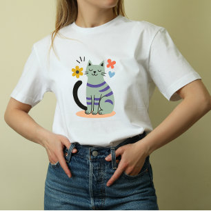 T-shirt Chat Vert Sauge Bohème Floral Art Milieu de Siècle