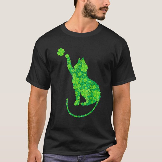 T-shirt Chat vert silhouette Trèfles Saint-Patrick (Devant)