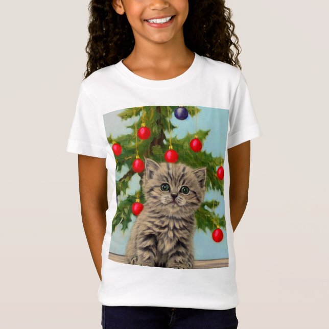 T-Shirt Chat vintage et sapin de Noël (Devant)