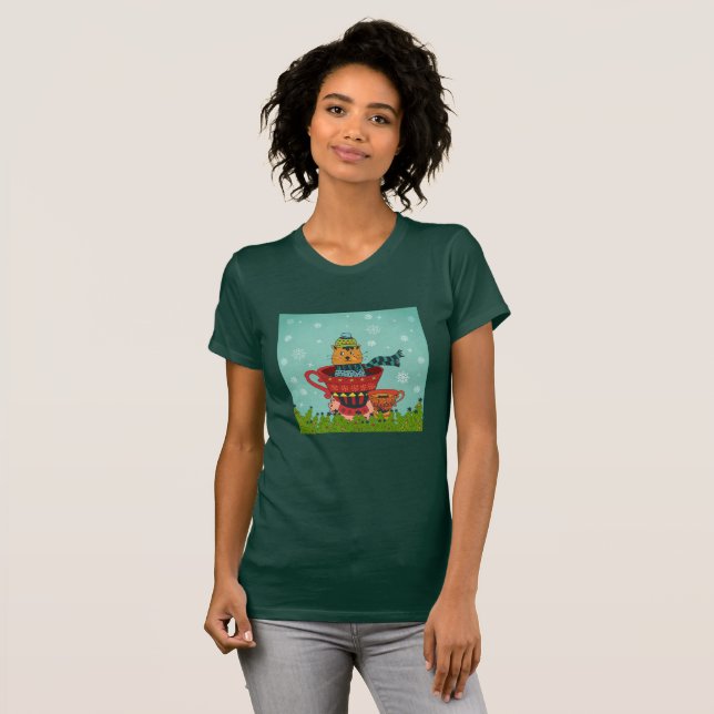 T-shirt Chat Whimsical assis dans un thé Noël (Devant entier)