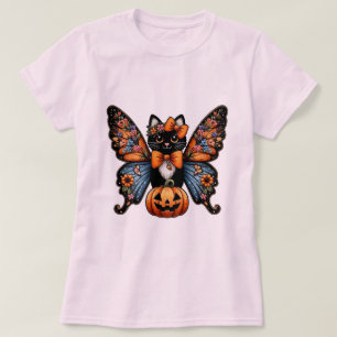 T-shirt Chat Whimsical avec ailes papillon et Citrouille