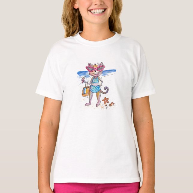 T-shirt Chat Whimsical sur la plage (Devant)