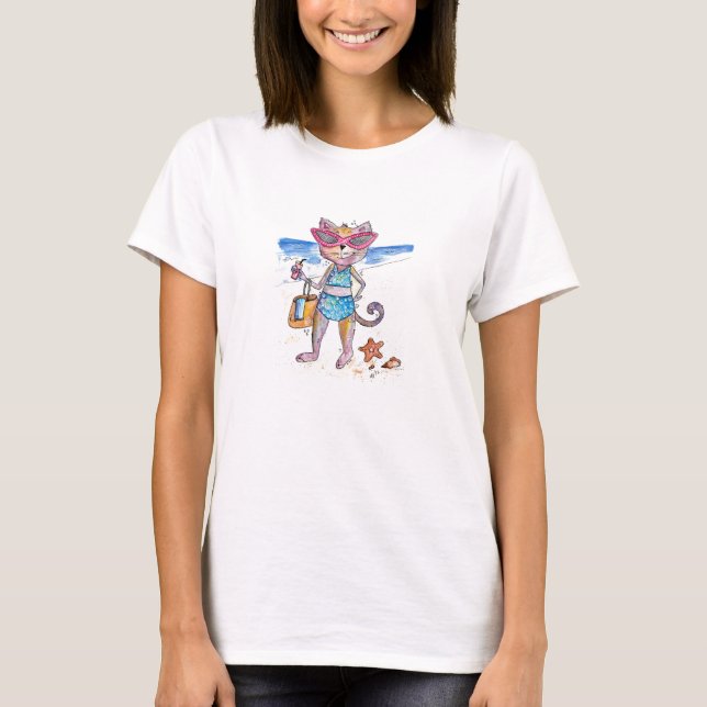 T-shirt Chat Whimsical sur la plage (Devant)