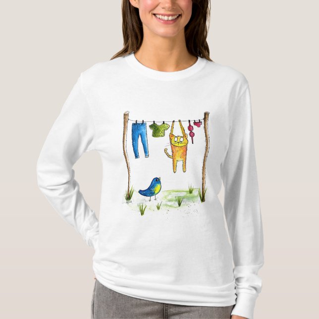 T-shirt Chat Whimsical sur une ligne de linge (Devant)