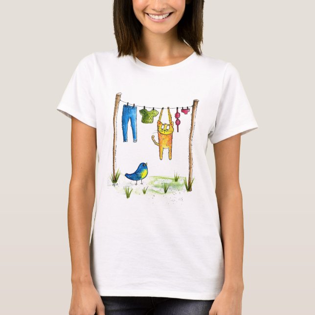 T-shirt Chat Whimsical sur une ligne de linge (Devant)