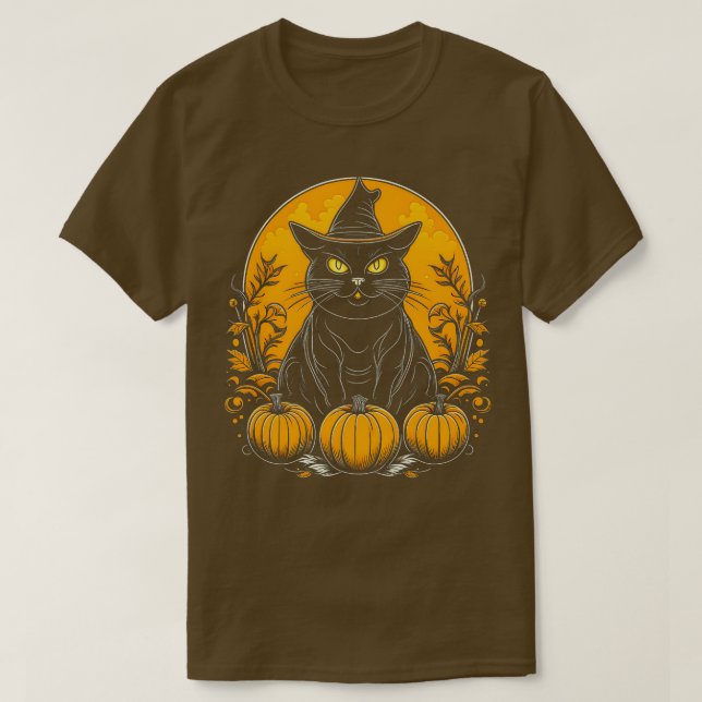 T-shirt Chat Witch Goth Gothic Halloween Citrouilles (Design devant)