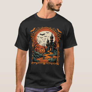 T-shirt Château Hanté Halloween Citrouille Lune Art Vector
