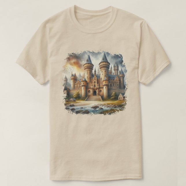 T-shirt Château médiéval au coucher du soleil avec ciel at (Design devant)
