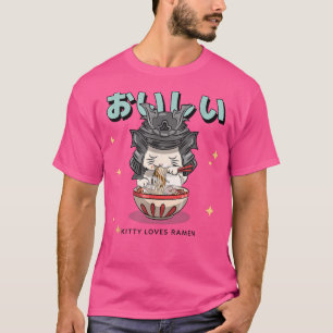 T-shirt chaton avec casque samouraï mangeant ramen japonai