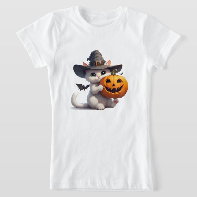 T-Shirt Chaton blanc d'Halloween Citrouille Jack O Lantern (Poser)