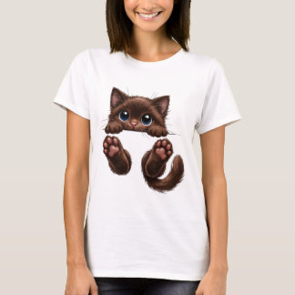 T-shirt Chaton Brun Adorable qui Émerge avec des Yeux Bleu
