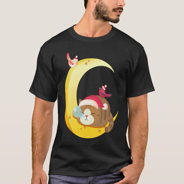 T-shirt Chaton Chat Vacances Lune Oiseau Dormant (Devant)