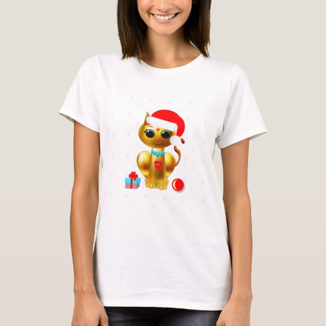T-shirt Chaton de dessin animé doré mignon de Noël (Devant)