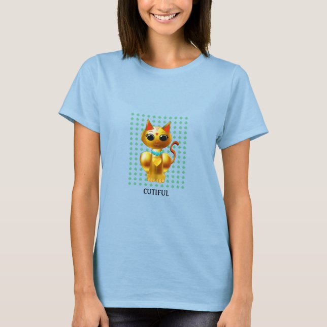 T-shirt Chaton doré, trèfles chanceux et calligraphie (Devant)