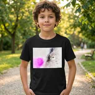 T-shirt Chaton jouant avec une boule de laine rose à l'aqu