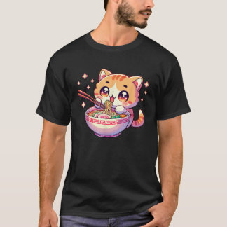 T-shirt Chaton Kawaii Japonais Mangeant Des Ramen Femme