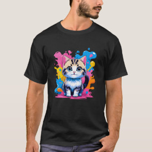 T-shirt Chaton Mignon Kawaii avec Éclaboussures de Peintur