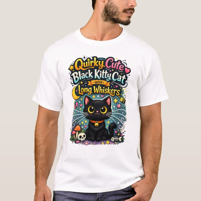 T-shirt Chaton noir mignon et excentrique avec de longues  (Devant)