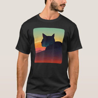 T-shirt Chaton noir regardant le coucher de soleil coloré
