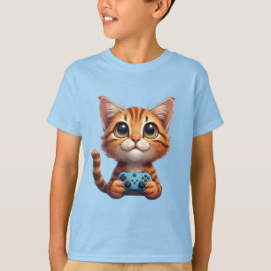 T-shirt Chaton orange tenant une manette de jeu Chat joueu
