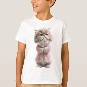 T-shirt Chaton Persan Fluffy en Cardigan Rose pour Enfants
