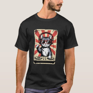 T-shirt Chaton Rouge Blanc DJ sur Platines EDM Synthétiseu