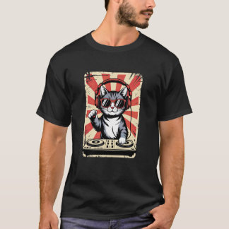 T-shirt Chaton Rouge Blanc DJ sur Platines EDM Synthétiseu