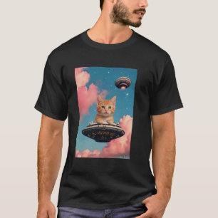 T-shirt Chaton roux drôle UFO dans un ciel nocturne étoilé