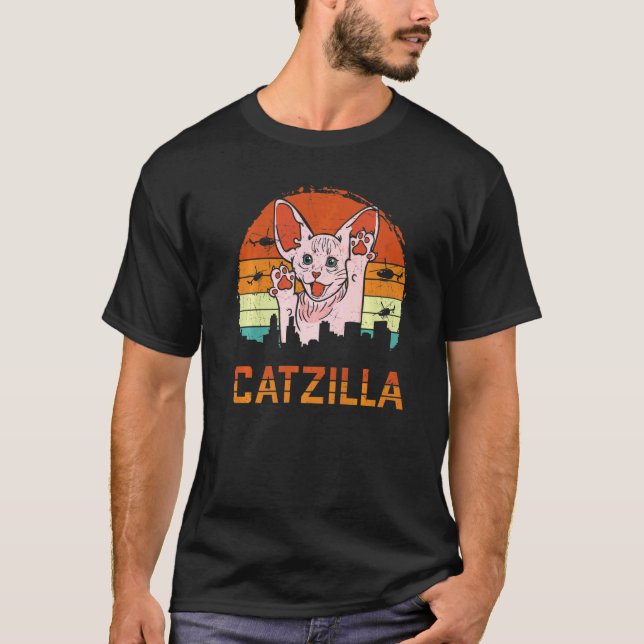 T-shirt Chaton Sphynx Catzilla Monstre Attaquant la Ville  (Devant)