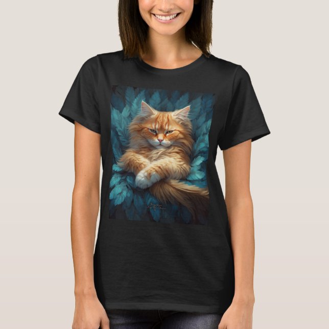 T-shirt Chaton Tabby Orange en Lit de Plumes Bleues (Devant)