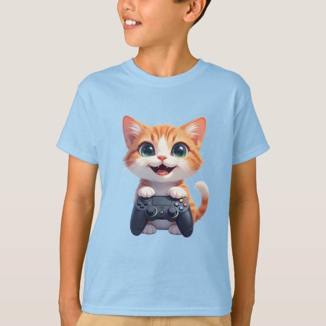 T-shirt Chaton tenant une manette de jeu Sourire Chat joue (Devant)