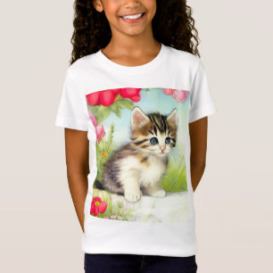T-Shirt Chaton vintage blanc et Brown avec fleurs