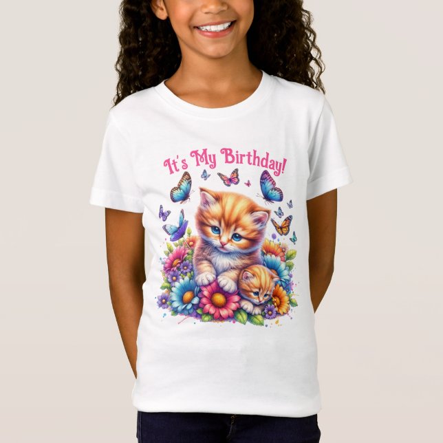 T-Shirt Chatons, papillons et fleurs Anniversaire (Devant)